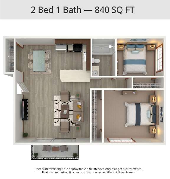 Floor Plan  A floor plan for a 2 Bed 1 Bath apartment is 840 square feet.