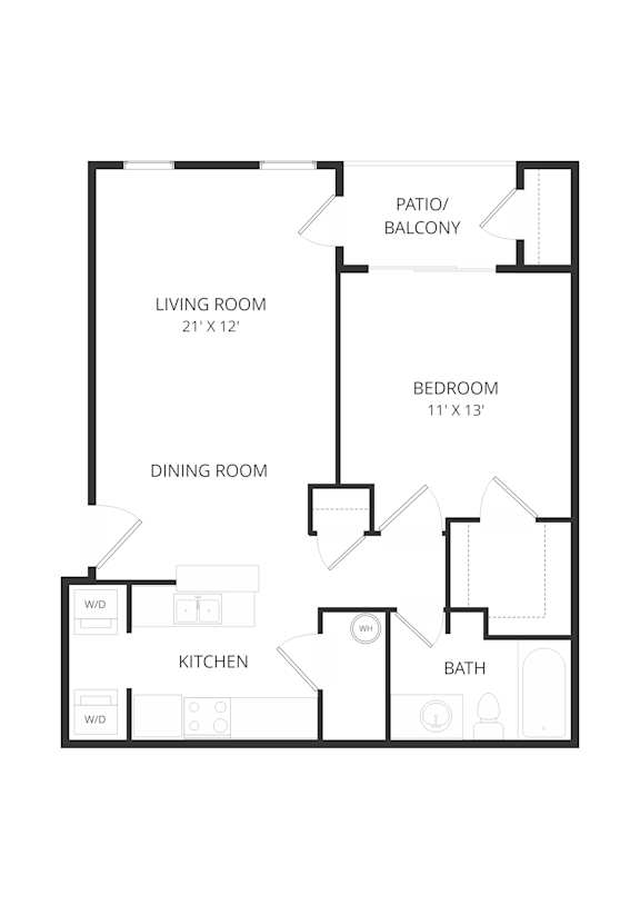 A floor plan of a small apartment with a living room, dining room, kitchen, bathroom, and bedroom.