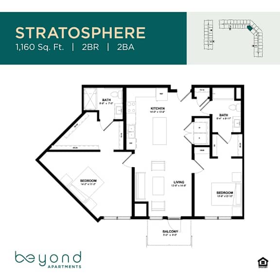 A floor plan for an apartment at Stratosphere with 2 bedrooms, 2 bathrooms, and a balcony.