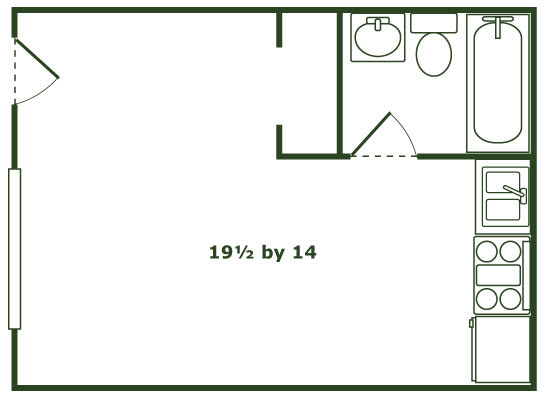 A floor plan of a room with dimensions 19 and a half by 14.