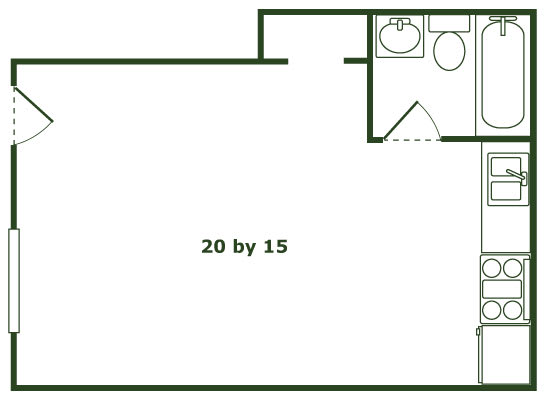 A floor plan of a room with the dimensions 20 by 15.