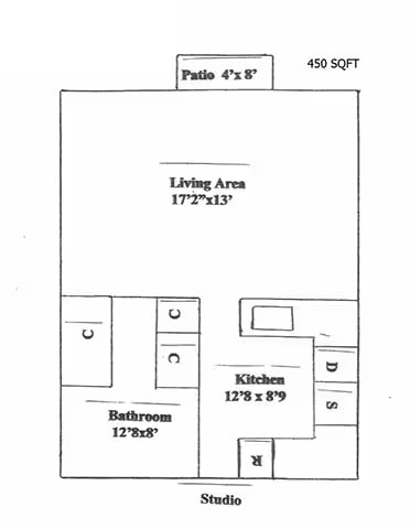 A drawing of a house layout with a living area, kitchen, bathroom, and a studio.