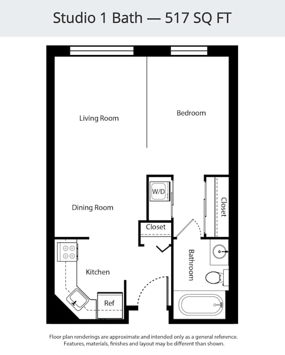 A floor plan of Studio 1 Bath - 517 SQ FT.