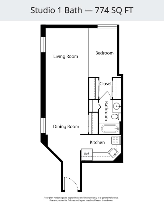 A floor plan of Studio 1 Bath - 774 SQ FT.