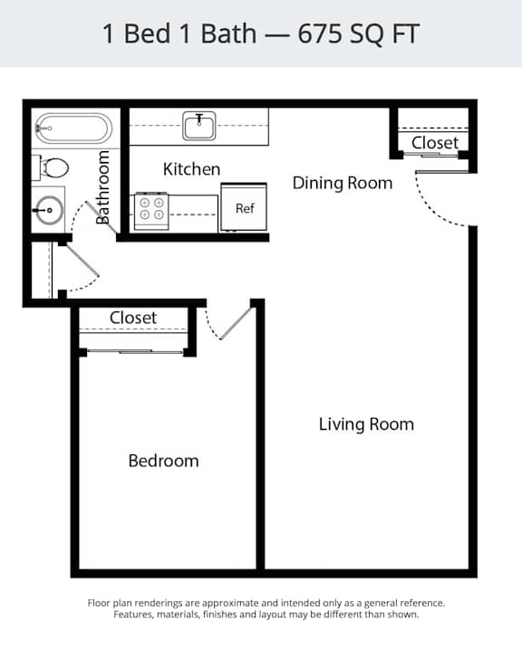 A floor plan of a 1 bedroom, 1 bathroom apartment that is 675 square feet.