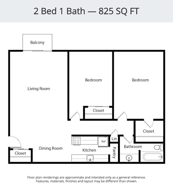 A floor plan of a 2 Bed 1 Bath apartment sized at 825 square feet.