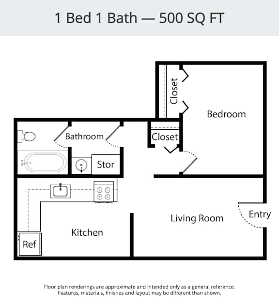 A floor plan for a 500 square foot space with one bed and one bath.