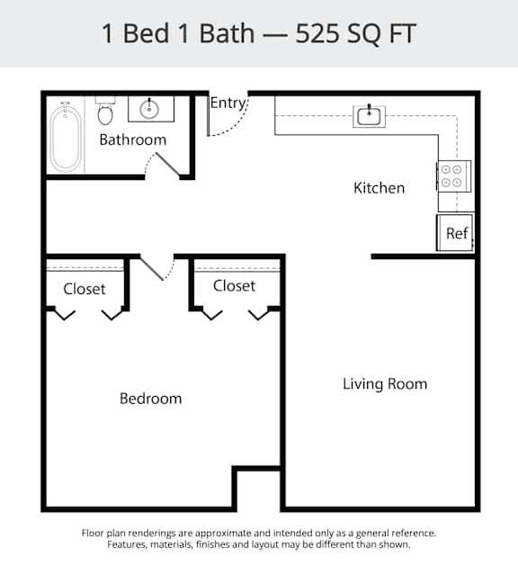 A floor plan of a 525 square foot one bedroom apartment.