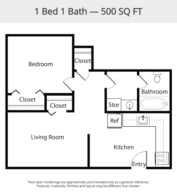 A floor plan of a 500 square foot one bedroom apartment.