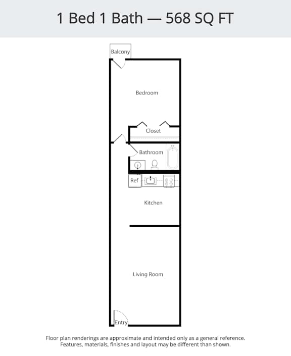 A floor plan for a 1 Bed 1 Bath apartment is 568 square feet.