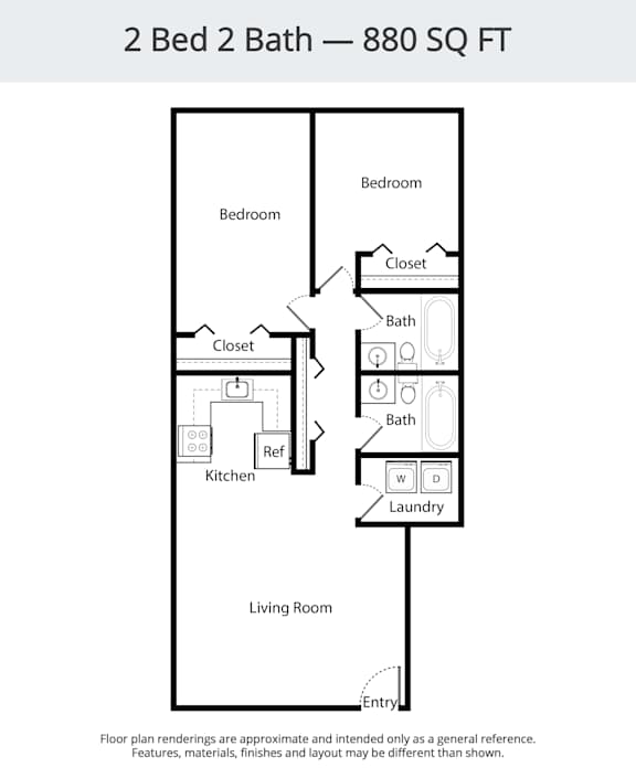 A floor plan of a 2 Bed 2 Bath apartment is 880 square feet.