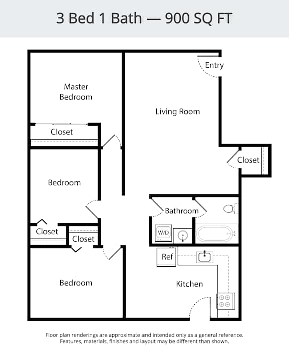 A floor plan of a 3 Bed 1 Bath - 900 SQ FT.