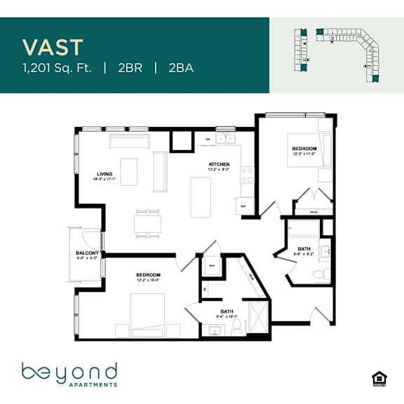 A floor plan for an apartment named VAST, which is 1,201 square feet with 2 bedrooms and 2 bathrooms.