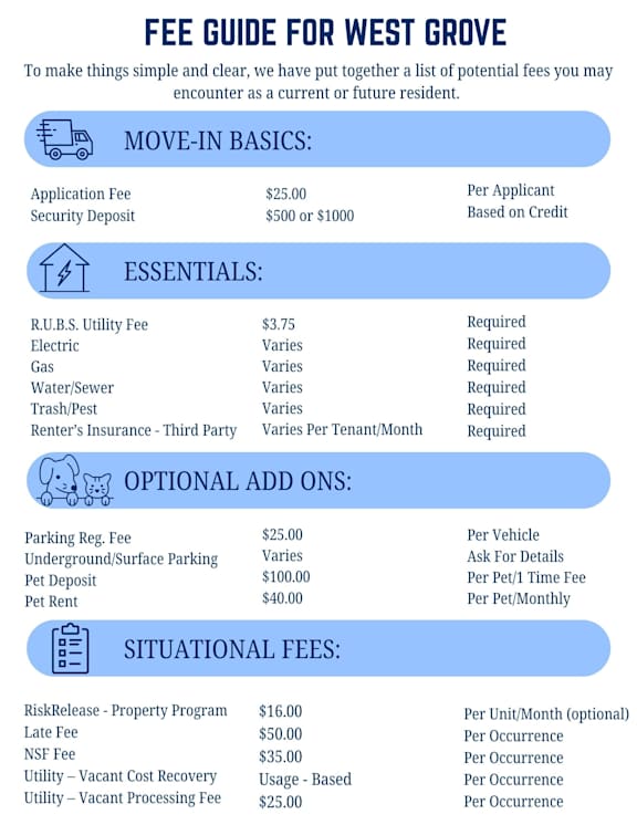 A fee guide for West Grove is presented in a clear and simple format.