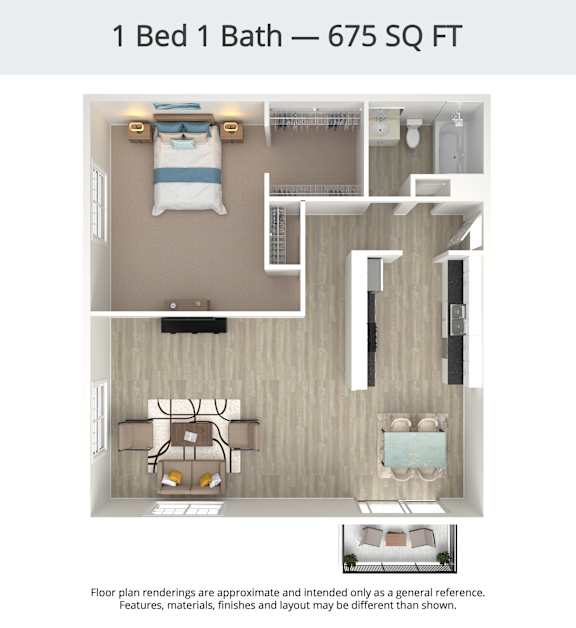A floor plan of a 1 Bed 1 Bath apartment is 675 square feet.