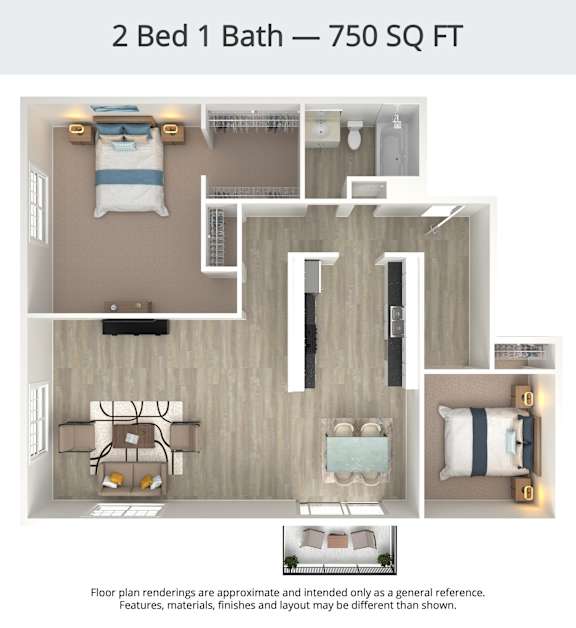 A floor plan of a 2 Bed 1 Bath apartment is 750 square feet.