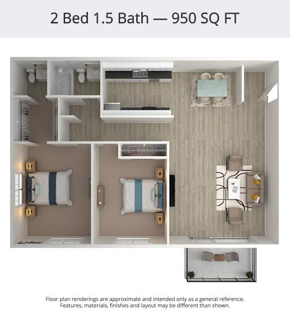 A floor plan image of a 2 bedroom, 1.5 bathroom apartment that is 950 square feet.