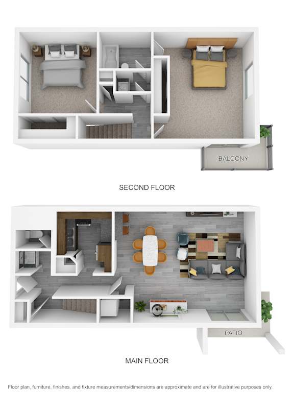 A diagram shows the layout of a house with a balcony, main floor, and second floor.