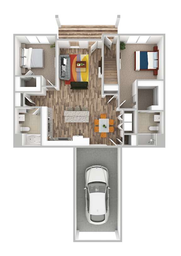 A top down view of a house with a car in the garage.