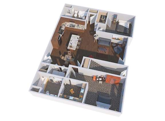 A 3D floor plan of a house with a kitchen, living room, and bedrooms.