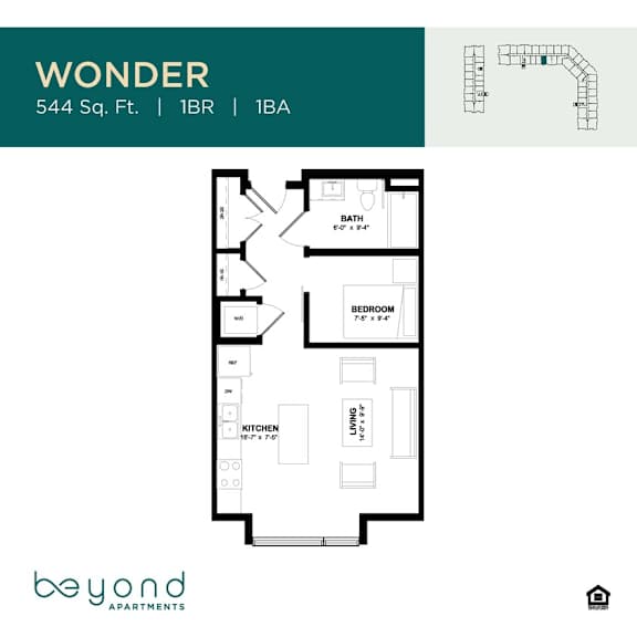 A floor plan for an apartment named WONDER with 1 BR and 1BA, sized at 544 Sq. Ft., showing a living room, kitchen, bathroom, and bedroom.