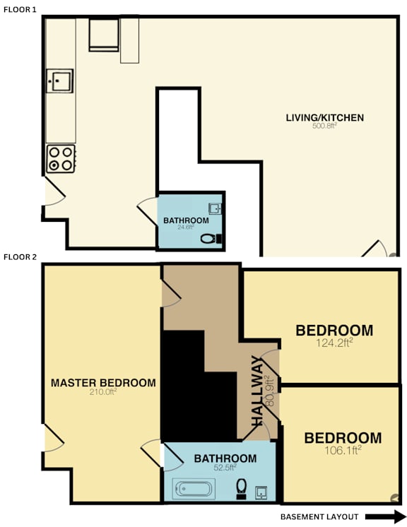 A floor plan of a two-story home with a living/kitchen area, two bedrooms, and a master bedroom.