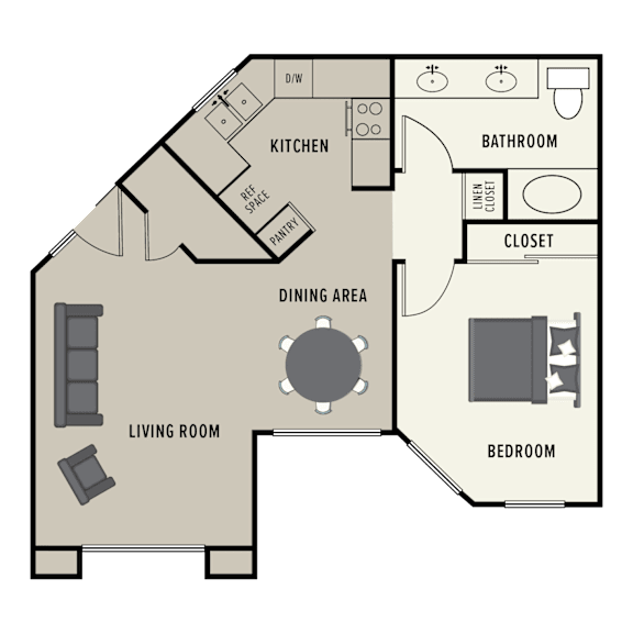 A floor plan of a 1 bedroom 1 bath apartment  showing a kitchen, living room, dining area, bedroom, bathroom, and closet.