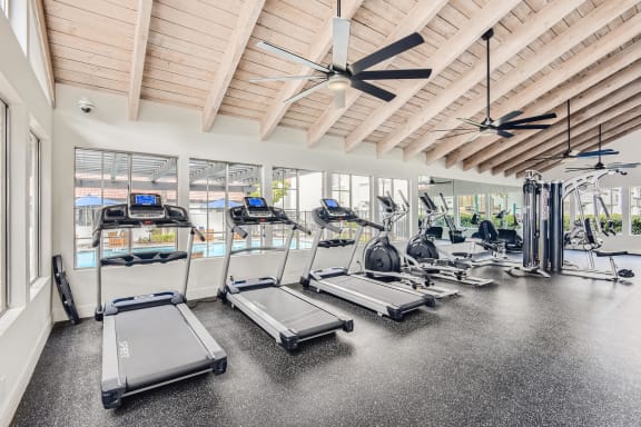Fitness center with Large Windows at Azul Apartments in Hemet, CA, 92545