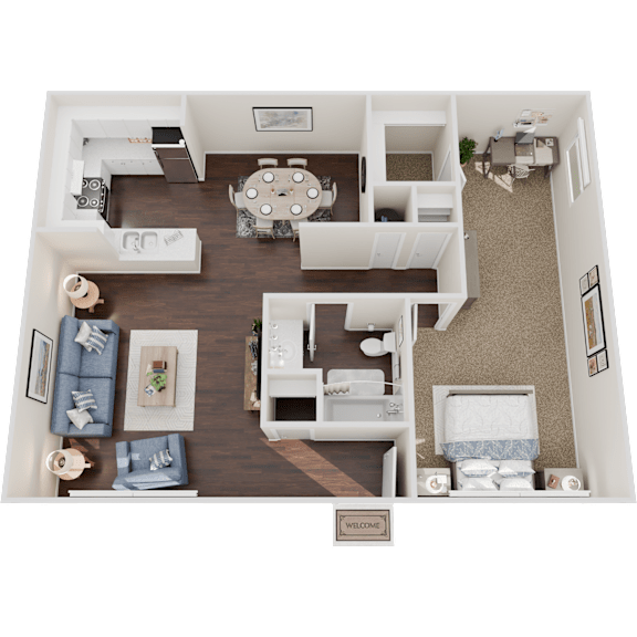 A top-down view of a well-organized apartment with a living room, dining area, kitchen, and bedrooms.