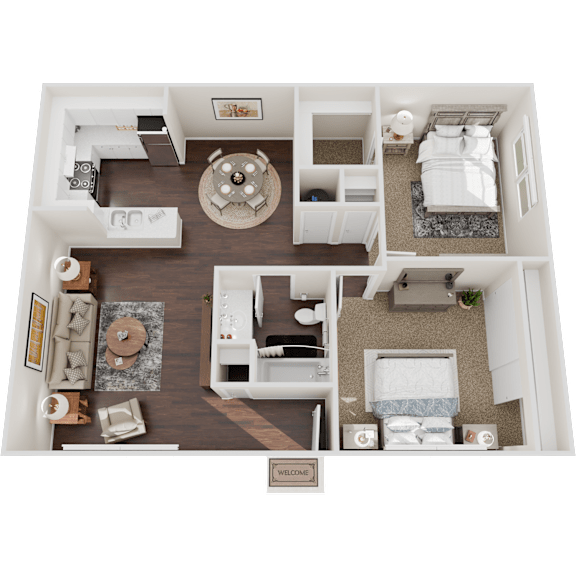 A top-down view of a small apartment layout with a living room, kitchen, and bedroom.