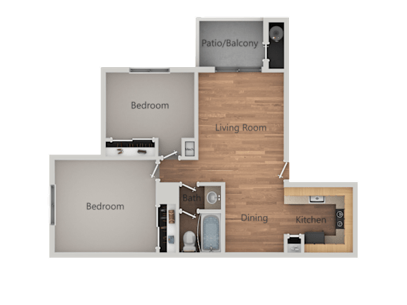 A floor plan of a house with two bedrooms, a living room, a dining area, a kitchen, a bathroom, and a patio/balcony.