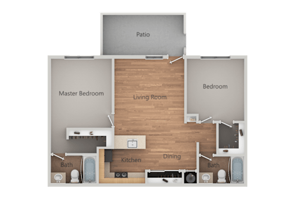 A floor plan of a house with a living room, dining room, kitchen, two bathrooms, a master bedroom, and a bedroom.
