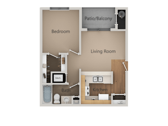A diagram of a small apartment with a bedroom, living room, kitchen, and bathroom.