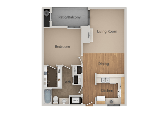 A floor plan of a small apartment with a bedroom, living room, kitchen, dining area, bathroom, and a patio/balcony.