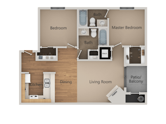 A floor plan of a home with a master bedroom, two bathrooms, a living room, a dining area, a kitchen, and a patio/balcony.