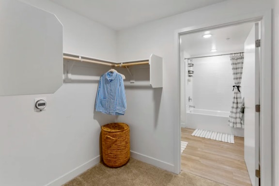 a bathroom with a closet and a shower and a basket