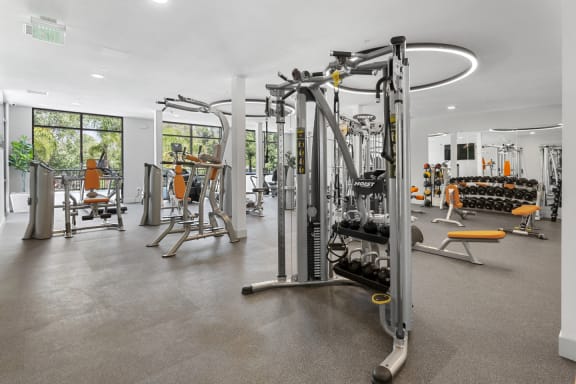 a gym with weights and cardio equipment in a building with windows at The Venue at Orange Apartments, Redlands, 92373