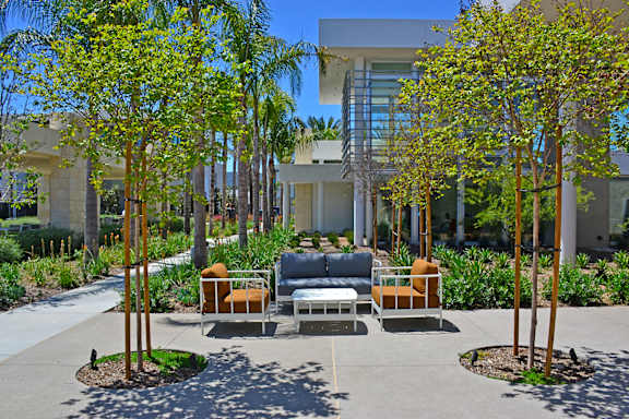 luxurious seating area at The Max surrounded by lush greenery and poolside views