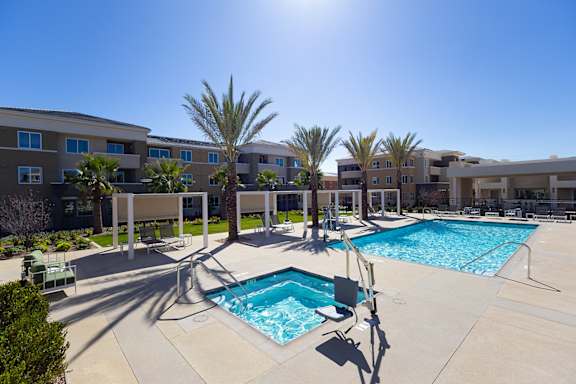 relaxing pool and spa at The Park with cabana seating