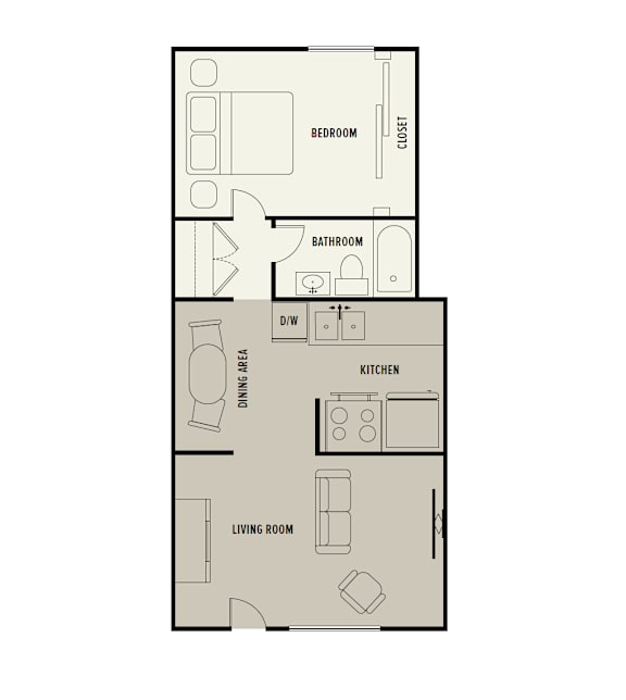 A floor plan of a house with a bedroom, bathroom, kitchen, dining area, and living room.