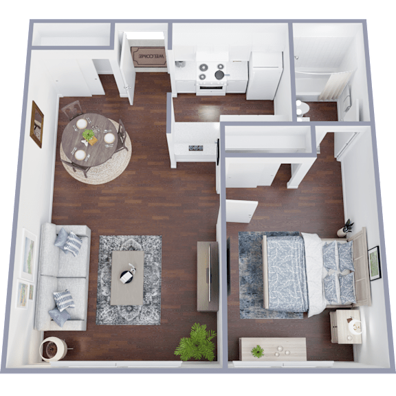 A top down view of a living room, kitchen and bedroom.