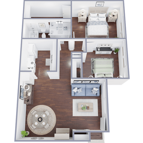 A floor plan of a house with a living room, two bedrooms, a kitchen, and a bathroom.