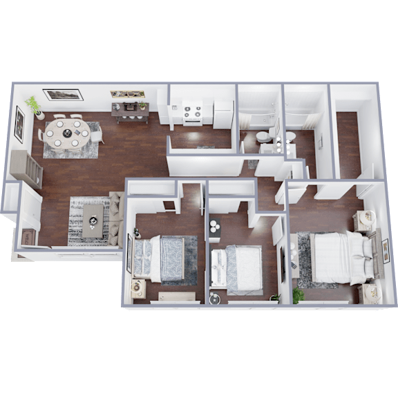 A top-down view of a house layout with a living room, kitchen, and bedrooms.