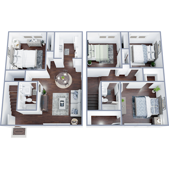 A floor plan of a two-bedroom apartment with a living room, kitchen, and bathroom.