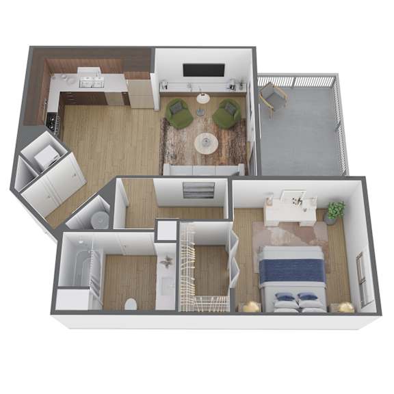 1x1C Floor Plan at the Max with spacious bedroom, living area and kitchen, private bathroom, in unitwasher/dryer, and spacious patio.