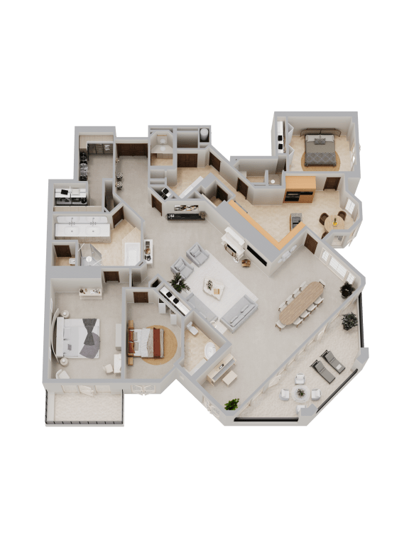a 3d floor plan of a house with a swimming pool