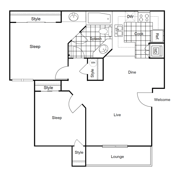 Floor Plan Shasta Cottage  2 Bedroom 1 Bath at Sixteen60 Apartment Homes, California