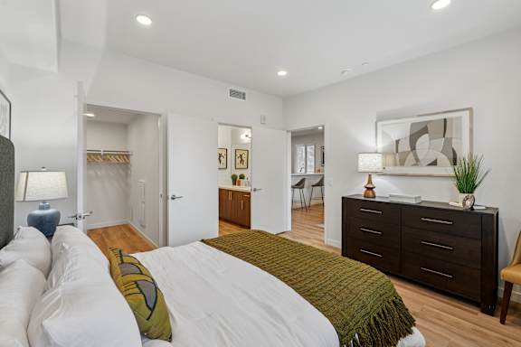 Primary bedroom in The Park apartment with oversized closet.