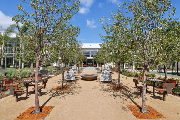 a courtyard with benches and trees and a building in the background at The Max on Jefferson Apartments, Murrieta, California