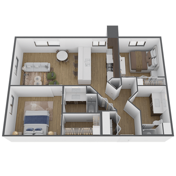 a 3d floor plan of a home with a bedroom and a living room